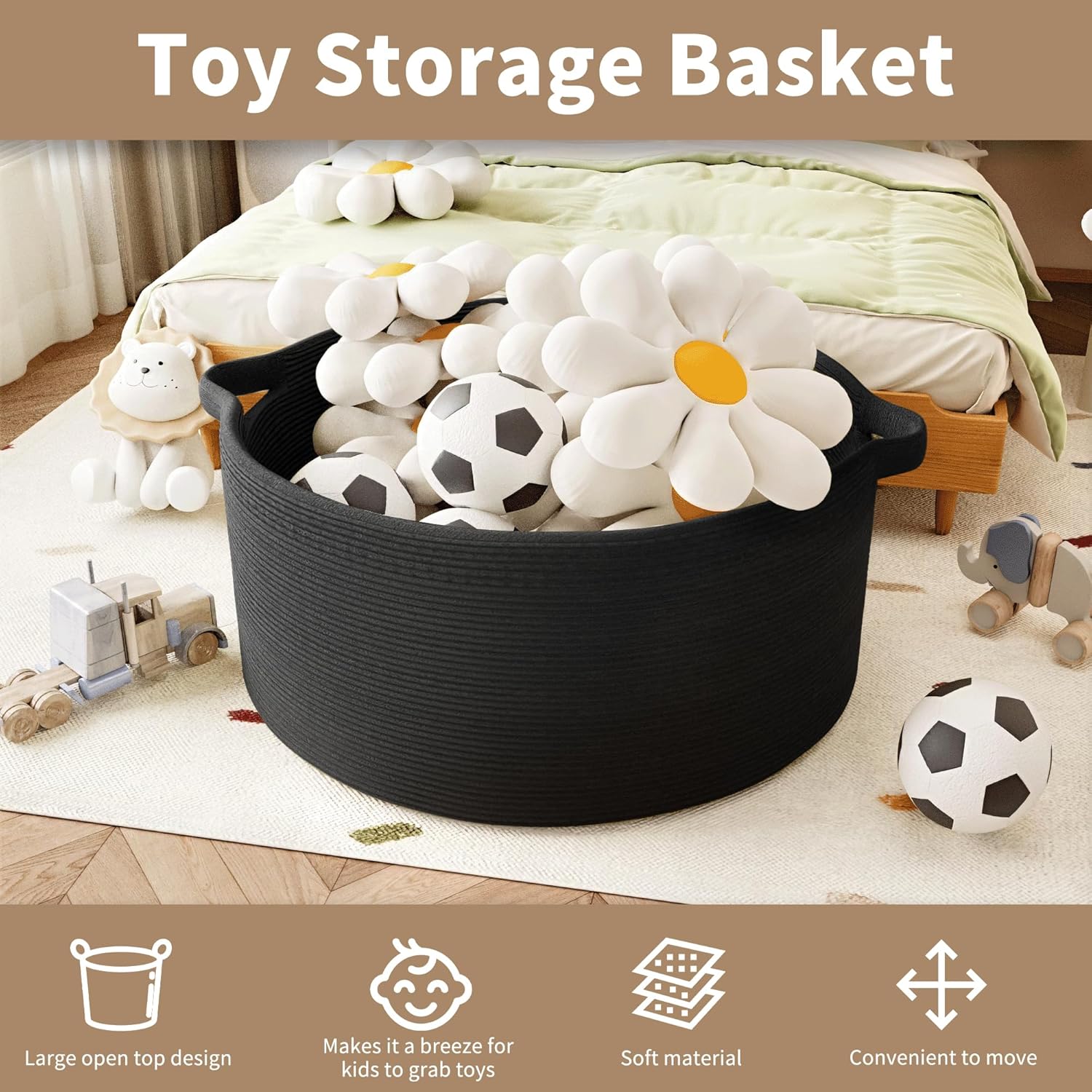 125L Extra Large Blanket Basket, 25" x 16", Jumbo Laundry Woven Baskets Decorative Home, Cotton Rope Basket with Handles, Baby Toy Baskets for Storage, Black, 2PC