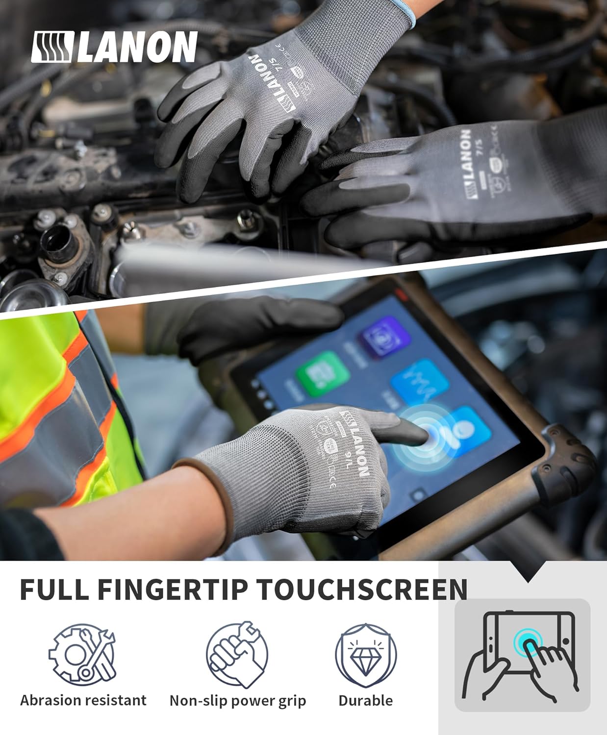 LANON 18 Pairs Safety Work Gloves, Mechanic Working Gloves for Men,Breathable PU Coated, Seamless Knit,Double Wash, Grey, XXL