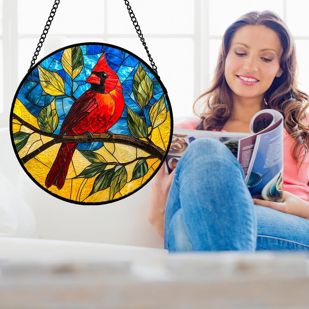 Stained Glass Window Hanging, Blue Sky Cardinal Sun Catchers Colorful Glass Panel Red Birds Suncatcher Decor for Birthday for Women, Men, Wife, Aunt, and Mom 14.9x14.9 in