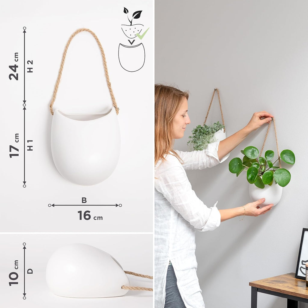 Kazai. Wall Planters -Ellie- | Hanging Ceramic Plant Pots 2 Pieces | Wall Decoration for Indoors, Balcony and Garden | White (Matte)