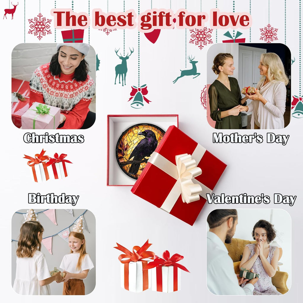 Stained Glass Window Hanging - Crow on a Branch Suncatcher Ready to Hang Window Doors Home Decoration and Christmas, Mother's Day Birthday Gifts for Women, Men, and Mom 7.8x7.8 in