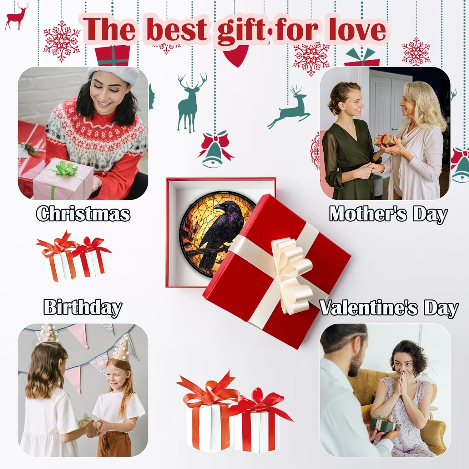 Stained Glass Window Hanging - Crow on a Branch Suncatcher Ready to Hang Window Doors Home Decoration and Christmas, Mother's Day Birthday Gifts for Women, Men, and Mom 6.3x6.3 in