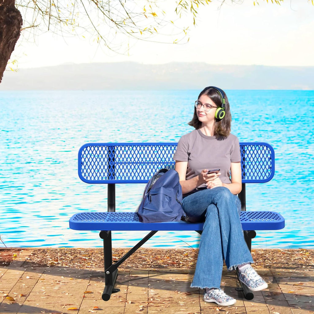 Outdoor Garden Bench, Cast Iron Metal Frame Patio Park Bench with Backrest, Portable Expanded Metal Black Bench, Commercial-Grade Outdoor Seating for Lawn, Patio, Park, Yard, Garden (Blue, 4FT/48'')