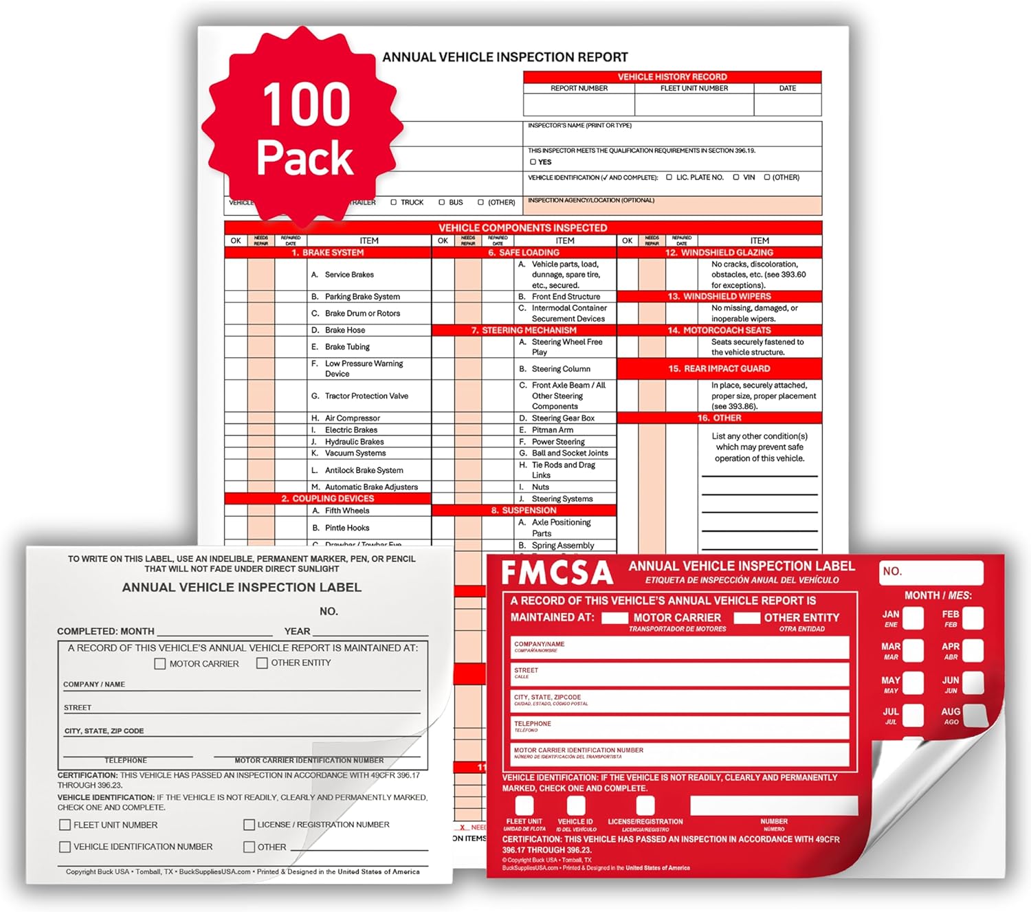 100 Pack 3-Ply Carbonless Annual Vehicle Inspection Report Forms with FMCSA Red Aluminum Labels & White Mylar Laminate Vinyl Labels, DOT Inspection Forms and Stickers, Shrink-Wrapped, 8.5" x 11.75"