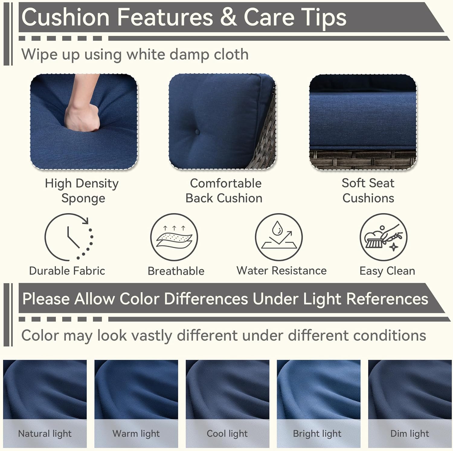 1 PC Outdoor Rocking Chair, Wicker Patio Rocker Chair for Yard, Porch, Mixed Brown Grey Rattan, Blue Cushions