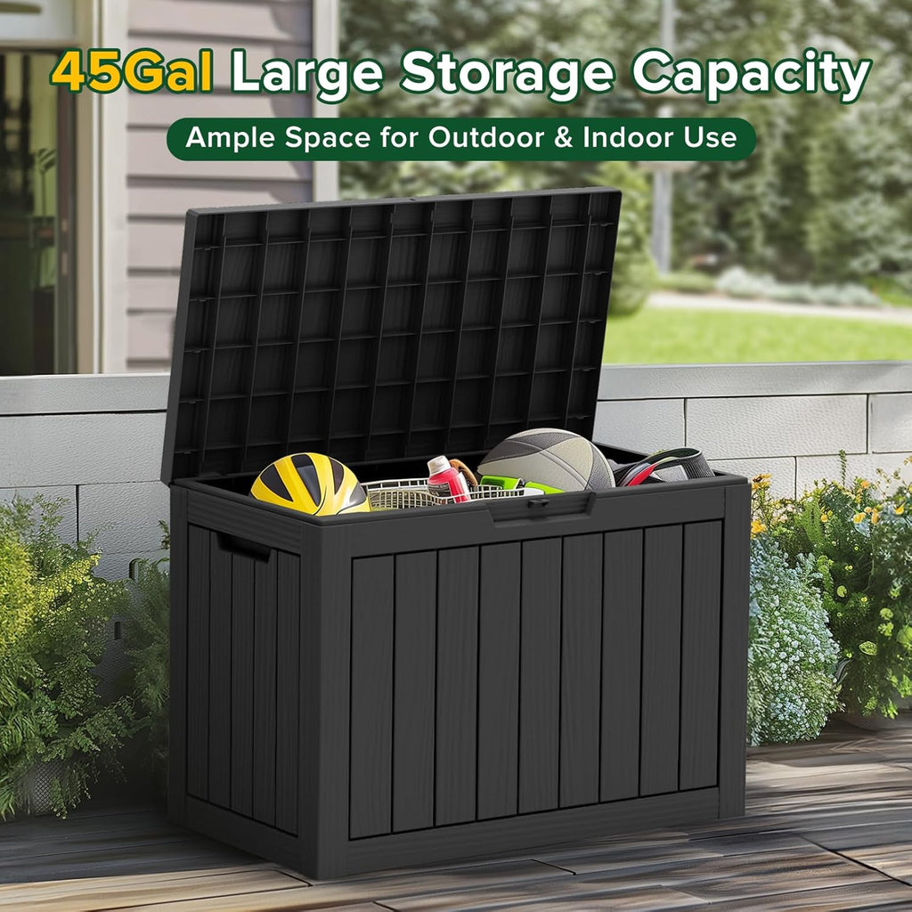 45 Gallon Waterproof Deck Box, Lockable Resin Storage Box for Patio Furniture Cushions, Garden Tools & Outdoor Delivery - Black, Easy Assembly, Multipurpose Patio Seat Bench