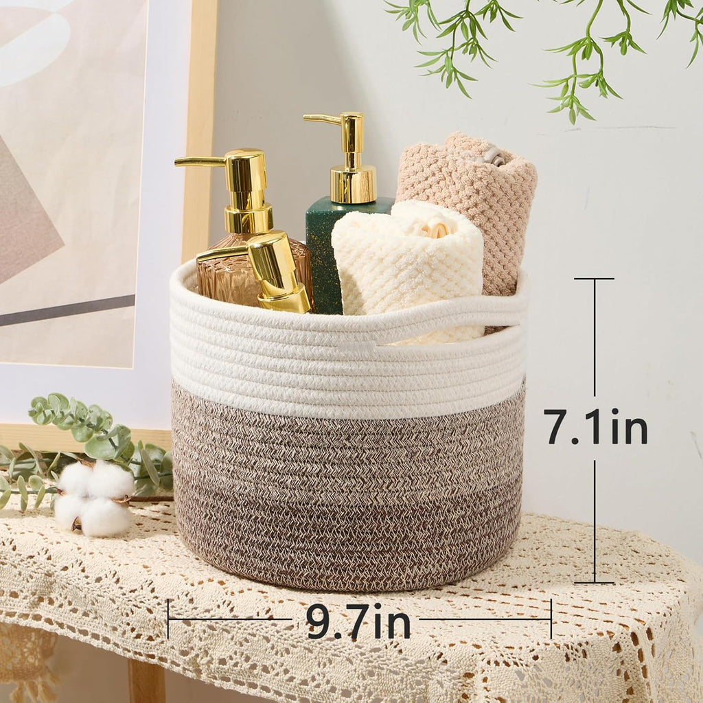Small Basket for Organizing | Cube Shelf Closet Storage Baskets | 9.7×9.7×7.1” | Woven Rope Gift Basket | Nursery | Round 3 Packs Gradient Brown