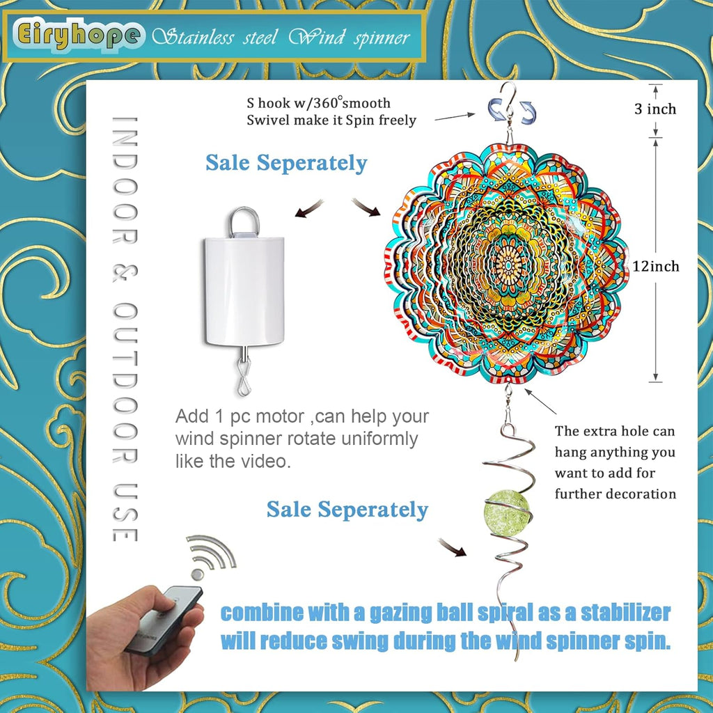 Mandala Wind Spinner - Lucky Star Design | 12-Inch Laser Cut Stainless Steel, Kinetic Hanging Wind Sculpture for Garden, Porch, Patio, Home | Outdoor 3D Metal Windcatcher & Yard Art