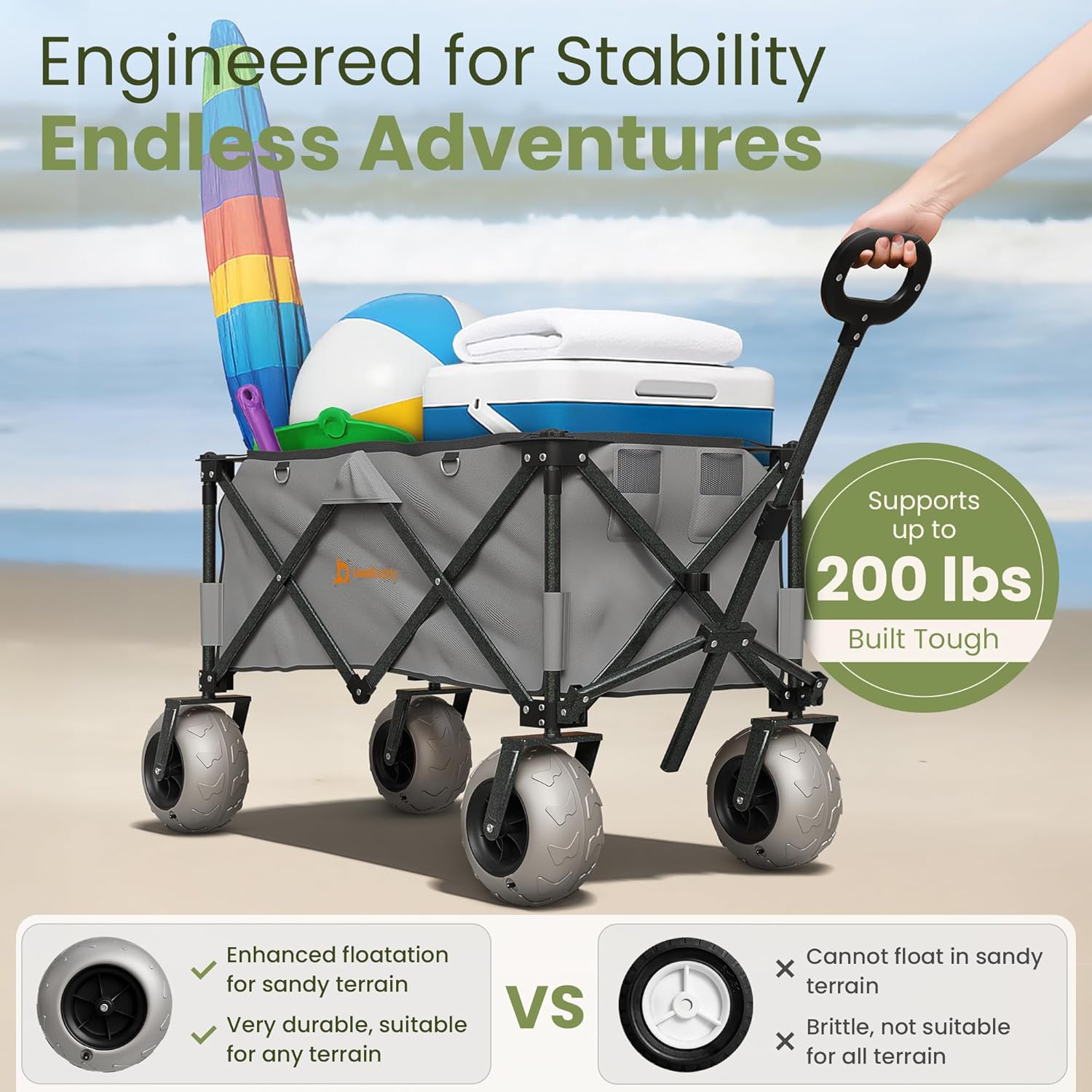 Foldable Beach Wagon – Gray Orange – Collapsible Utility Cart with Inflatable Wheels, Pump, Storage & Rope – Heavy Duty Garden, Grocery & Camping Trolley