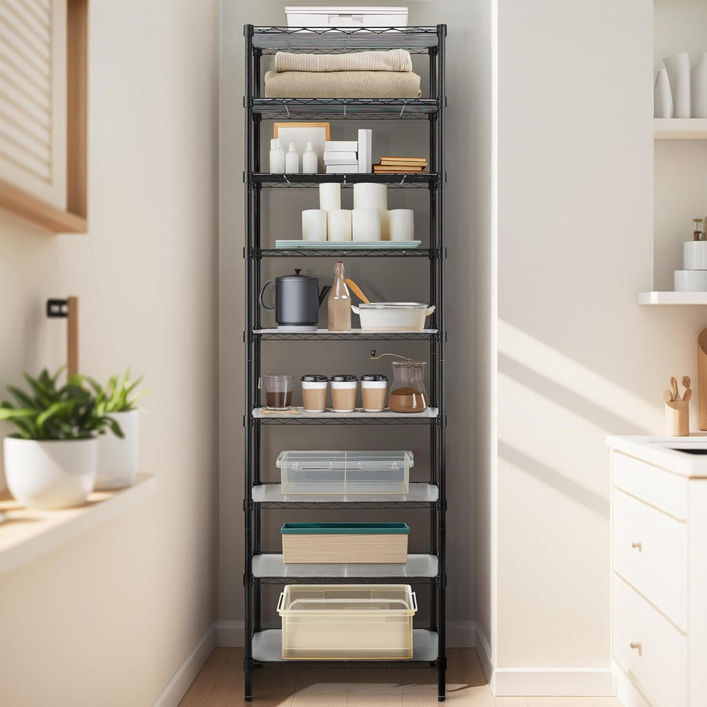 Finnhomy 9-Tier Wire Shelving Unit Adjustable Steel Wire Rack Shelving, 81 Inches Height 9 Shelves Metal Storage Rack, Pantry Shelves for Storage with PE mat, NSF Certified, Black