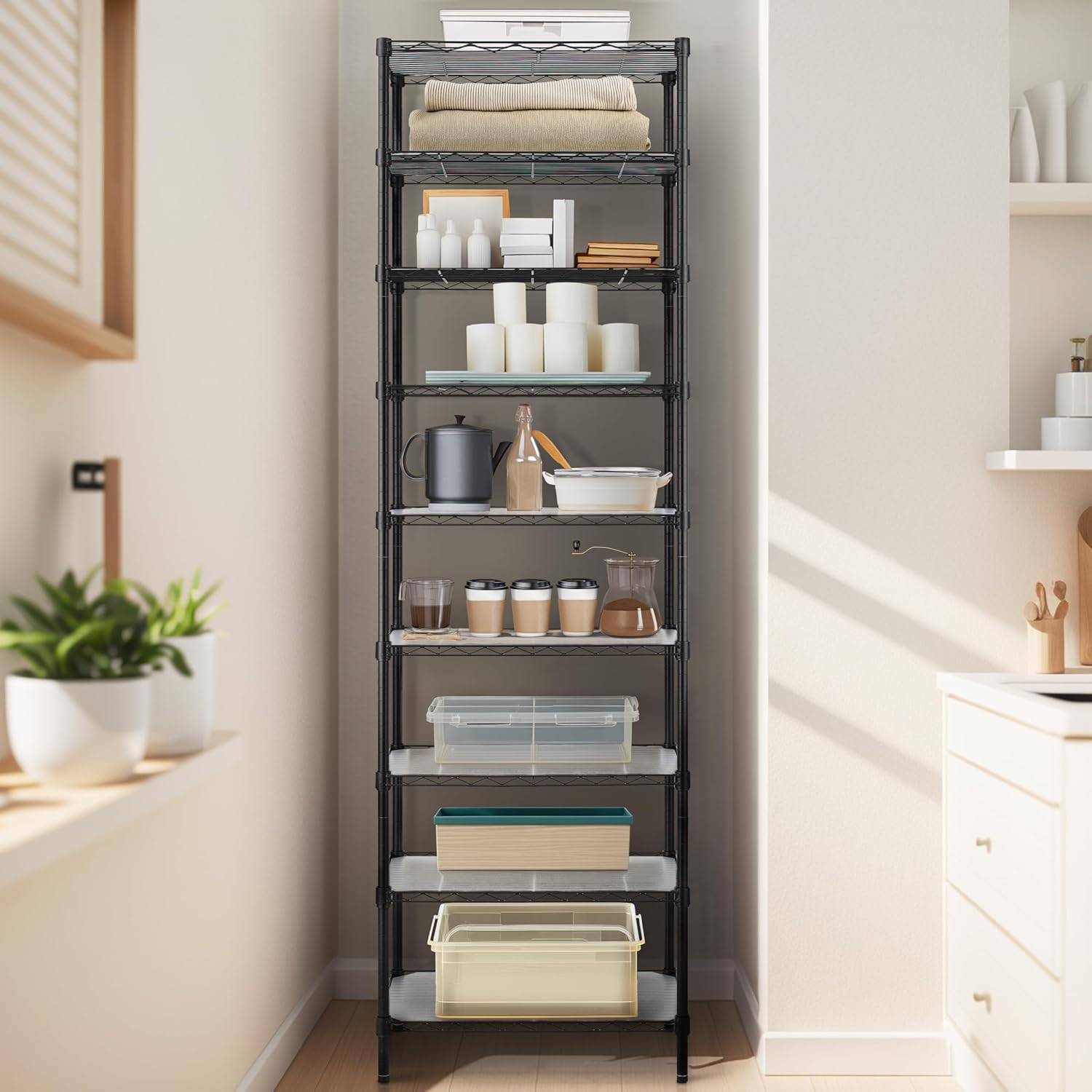 Finnhomy 9-Tier Wire Shelving Unit Adjustable Steel Wire Rack Shelving, 81 Inches Height 9 Shelves Metal Storage Rack, Pantry Shelves for Storage with PE mat, NSF Certified, Black