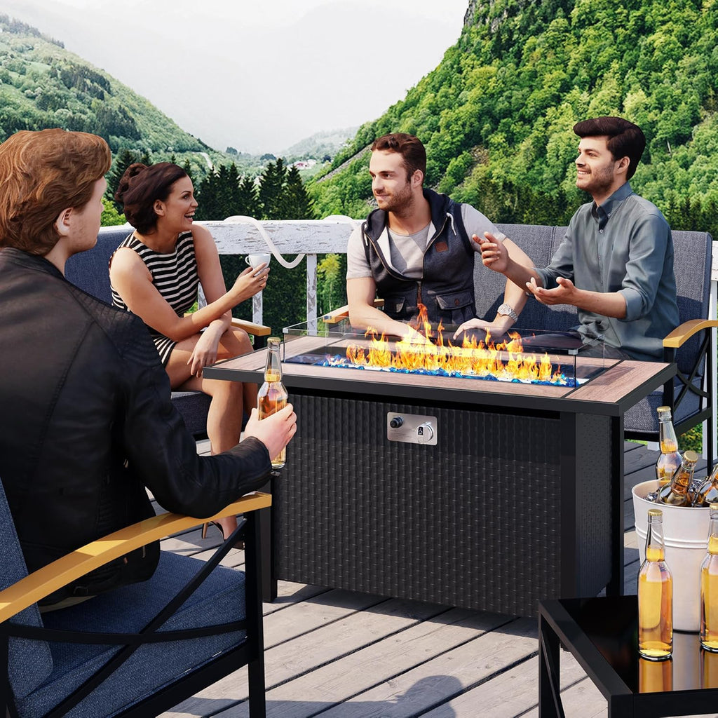 Meilocar 45in Fire Table, Propane Fire Pit with Glass Wind Guard and Rain Cover, Outdoor Firepit Table 50000 BTU 3-in-1 Fire Table for Patio/Yard/Balcony, Walnut Tabletop