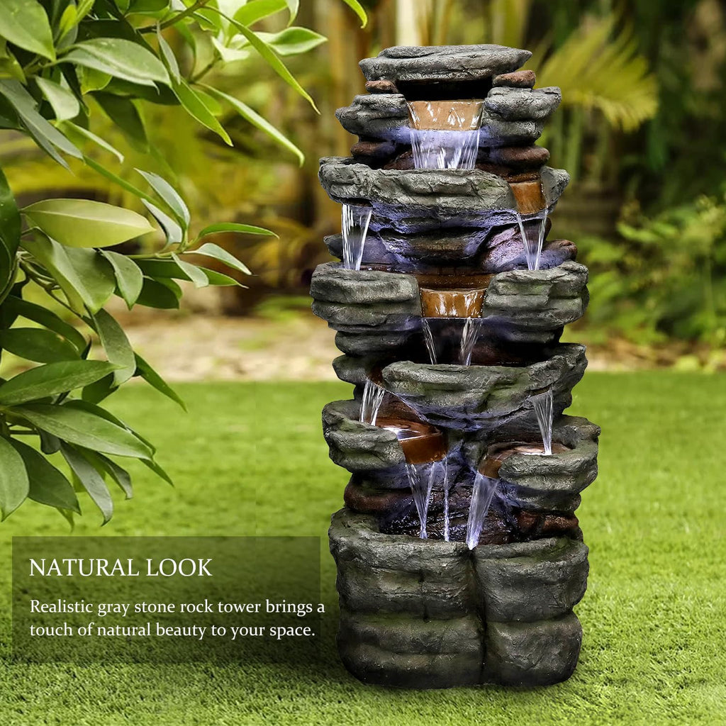 SunJet 47.2" High 6-Tiers Cascading Rock Outdoor Water Fountain with LED Lights - Large Outdoor Fountains and Waterfalls for Garden or Patio, Yard, and Deck Decor, Featuring Natural Stone Look