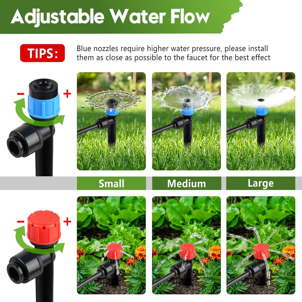 110FT Drip Irrigation System for Garden, Quick-Connect Automatic Garden Watering System with 1/2" & 1/4" Tubing and Accessories - Adjustable Sprinklers Kit for Greenhouse, Yard, Lawn, Raised Bed