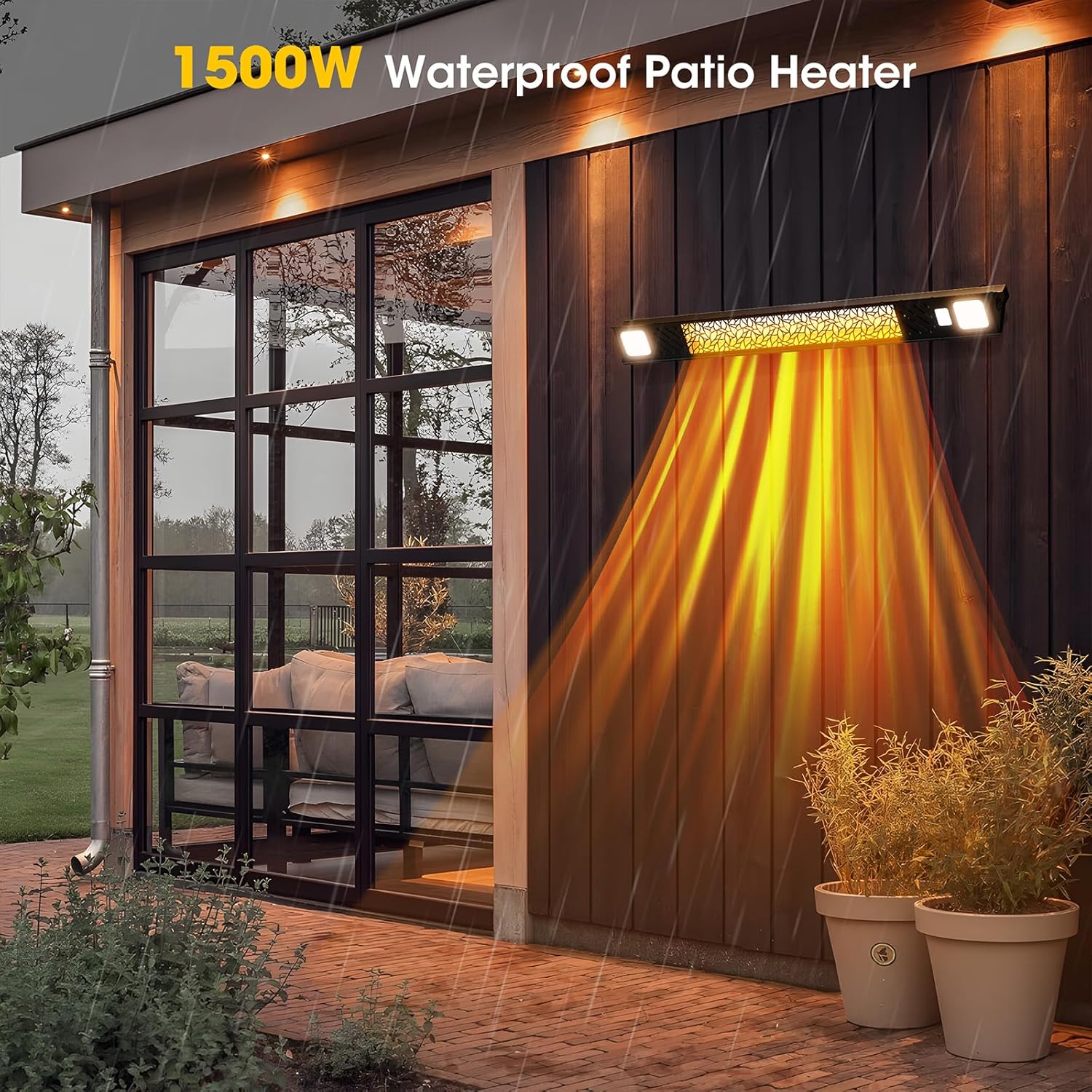 Wall-Mounted Electric Heater Hanging Patio with Light Ceiling Outdoor, 1500W Infrared 9 Heat Levels, 24H Timers, 1s Heating Carbon Fiber Tube Wall Heater for Backyard, Garage