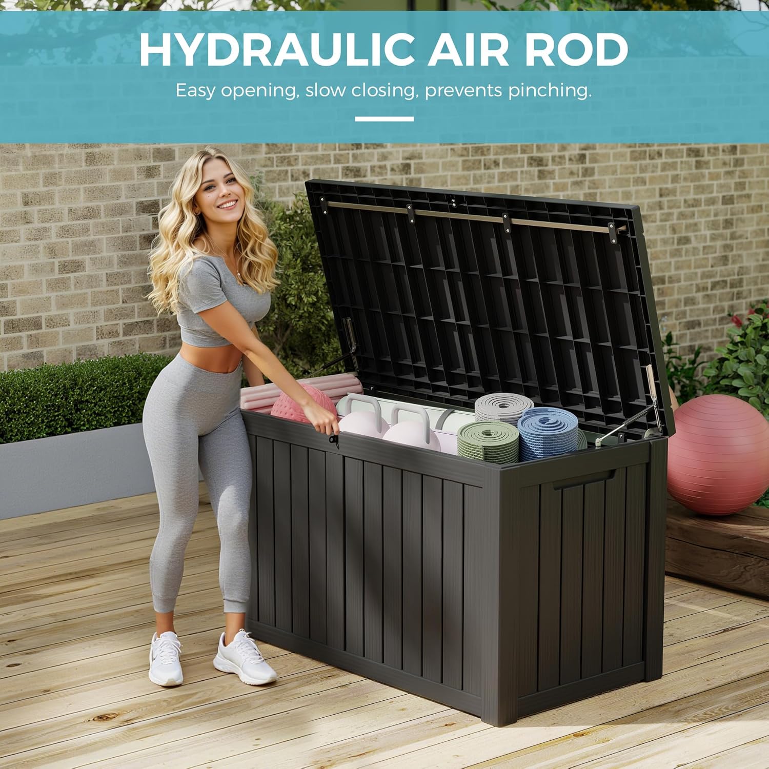 KAMABOKO Outdoor Storage Box, 150 Gallon Large Outdoor Resin Deck Box, Storage Waterproof Boxes Lockable Lid for Garden Tools, Pool Supplies, Patio Furniture and Cushions, Black