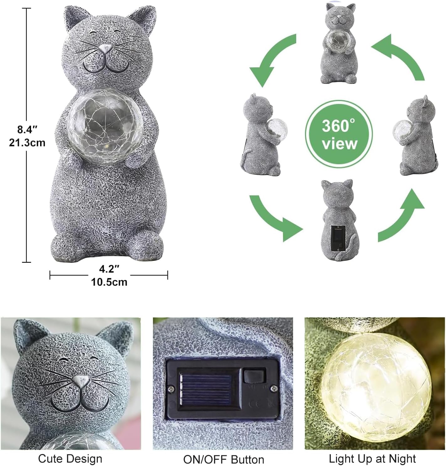 Solar Cat Statue Garden Decor - Cat Lover Gifts, with Gazing Solar LED Lights Ball Cats Decoration for Garden Yard Patio Lawn Balcony - Gifts for Mom Grandma (Gray)