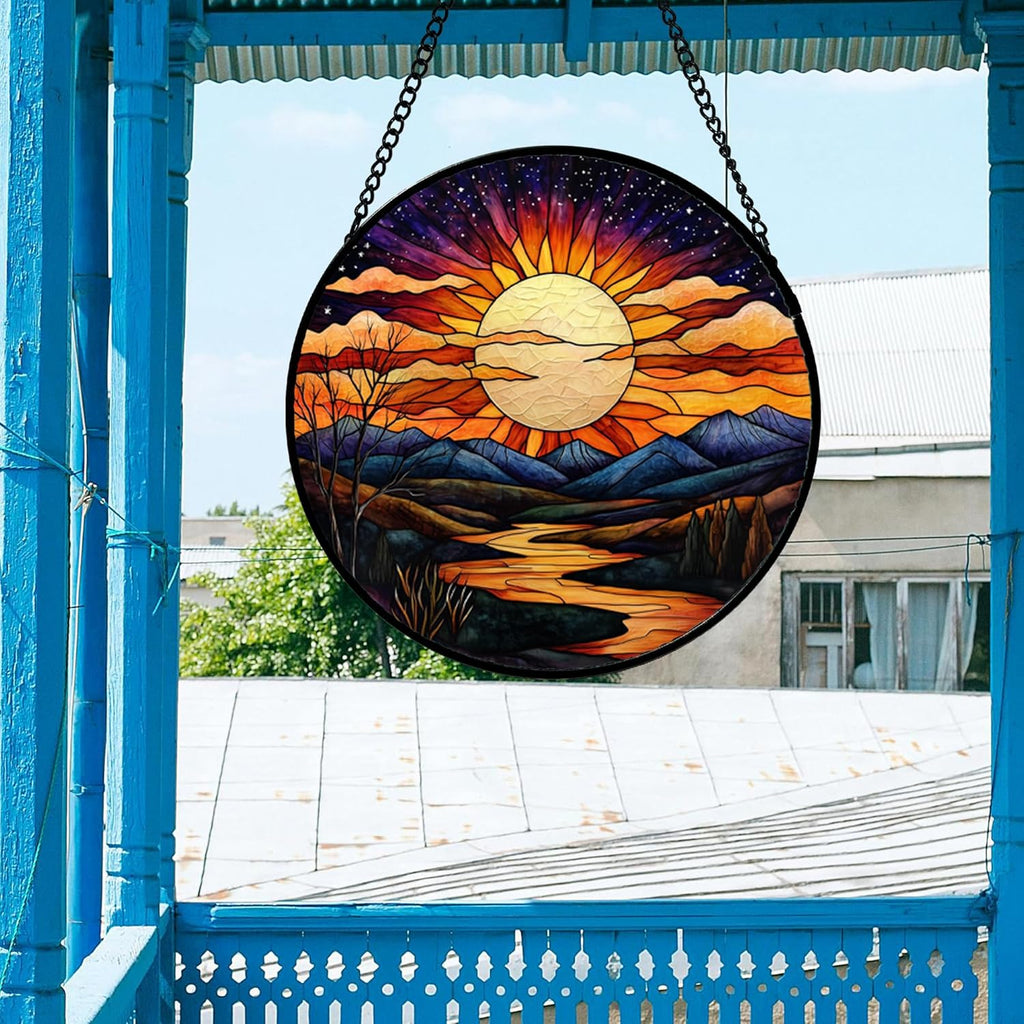 Stained Glass Window Hanging, The Sun Shines Brightly on Lake Sun Catchers Colorful Glass Panel Suncatcher Decor for Birthday for Women, Men, Wife, Lovers, and Mom 14.9x14.9 in