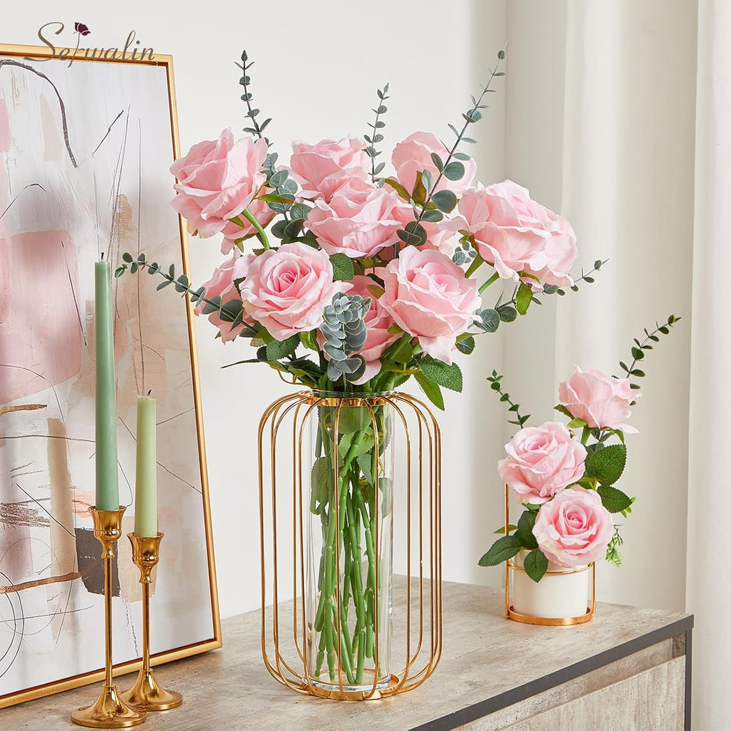 Serwalin 20pcs Bright Pink Artificial Roses, 4'' Big Flower Head, Velvet Roses Real Touch, Silk Fake Roses Long Stem Realistic Bouquet for Wedding Table Centerpiece and Home Decor