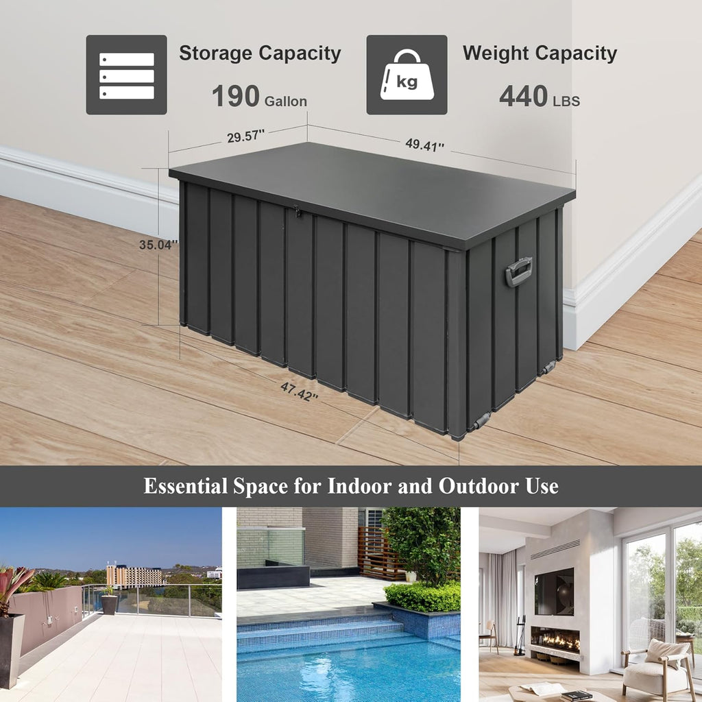 Domi Deck Box 190 Gallon, Waterproof Lockable Steel Outdoor Storage Container for Outside Cushions, Garden Tools and Pools Equipment, Gray