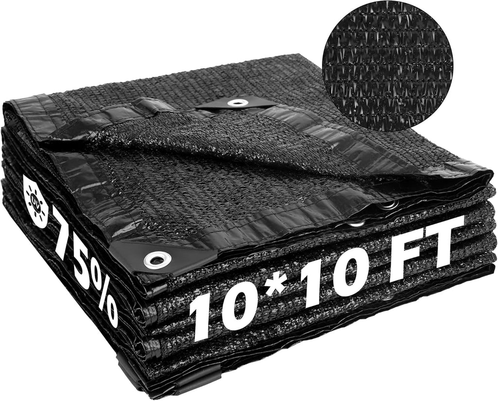 Garden expert 75% Black Shade Cloth 10x10FT Taped Edge with Grommets Sun Net Mesh for Garden Patio Backyard UV-Resistant