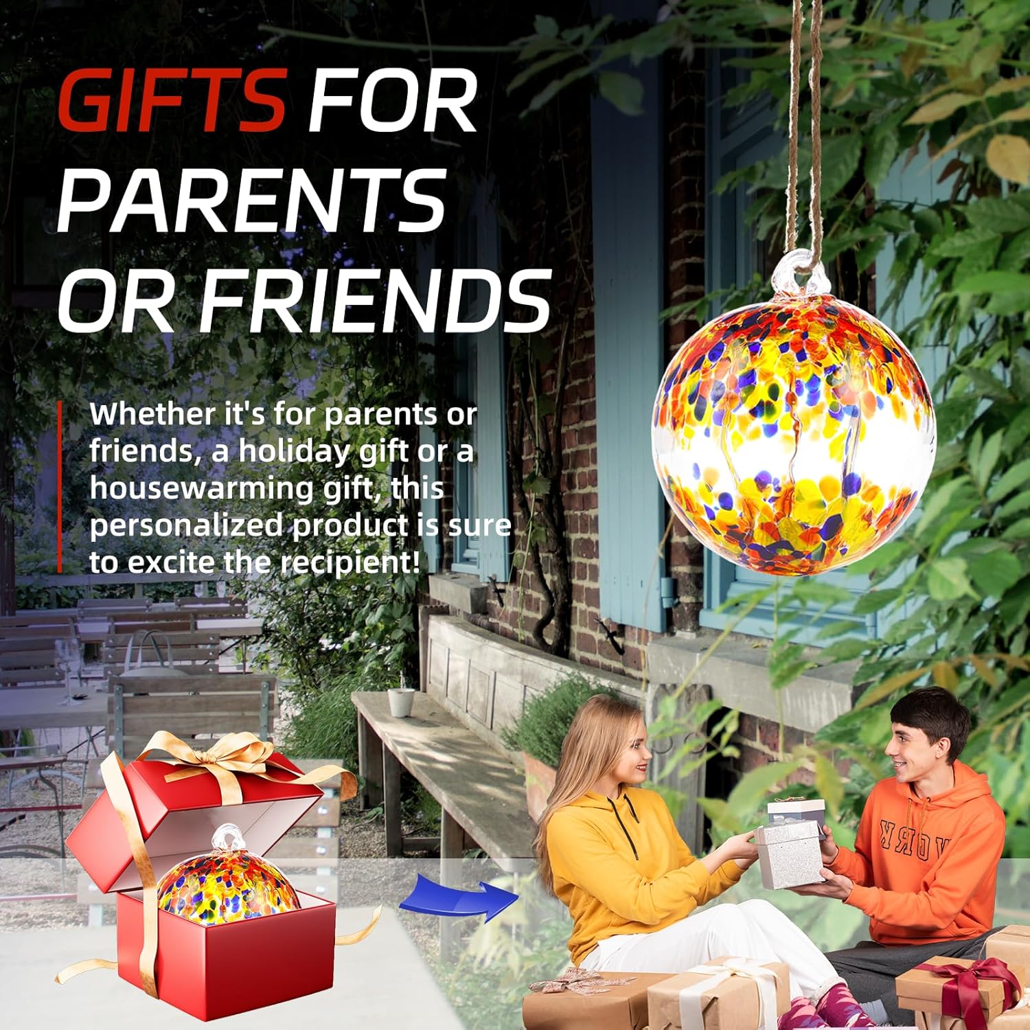 VOREEN 4" Hanging Glass Garden Gazing Ball Hand Blown Glass Witch Ball Christmas Ornament Friendship Balls for Outdoor Garden Patio Window Home Décor, Gift for Mom Wife Friend, Muticolor