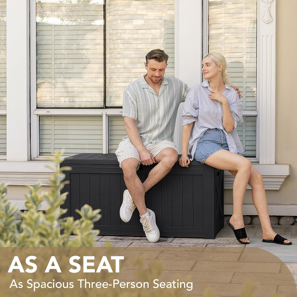 Devoko 120 Gallon Deck Box Resin Outdoor Storage Box Waterproof for Patio, Large Outdoor Storage Bench Lockable for Outside (Black)