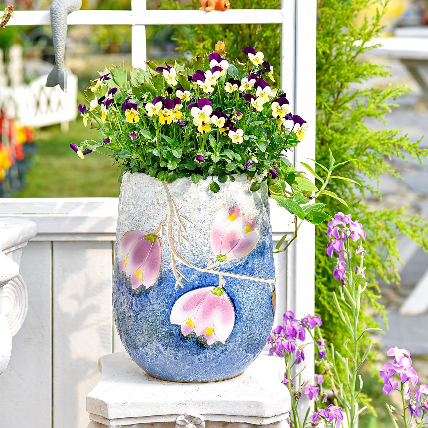 Sungmor 10.6 Inch Ceramic Succulent Plant Pot with Drainage Hole, Hand Painted Flower Pots for Plants, Unique Texture Decorative Planter for Indoor and Outdoor, Pottery Vase for Home Office Decor