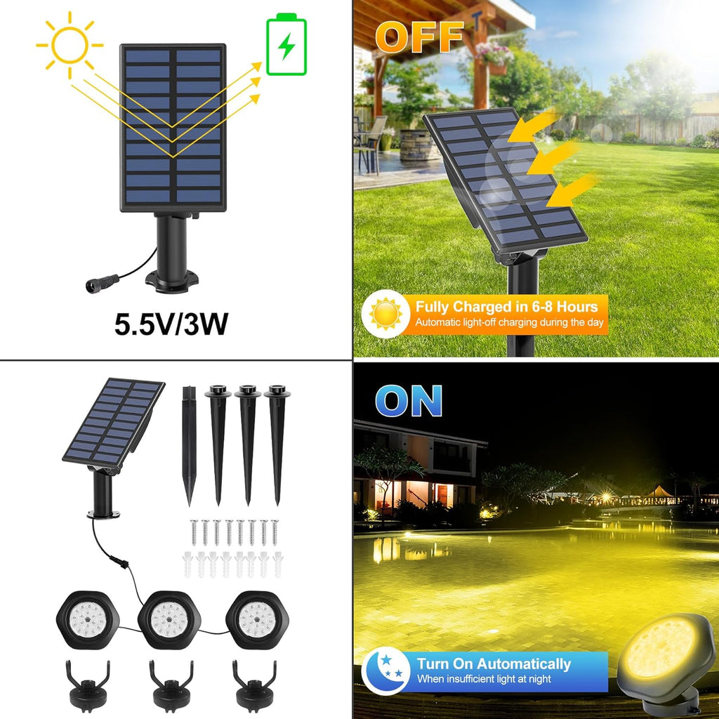 Solar Pond Lights, 18 LED Super Bright Underwater Spotlights LED Submersible Pond Light IP68 Waterproof Fountain Lights for Fish Aquarium Tank Garden Yard Pool Decor Warm White (3-in-1)