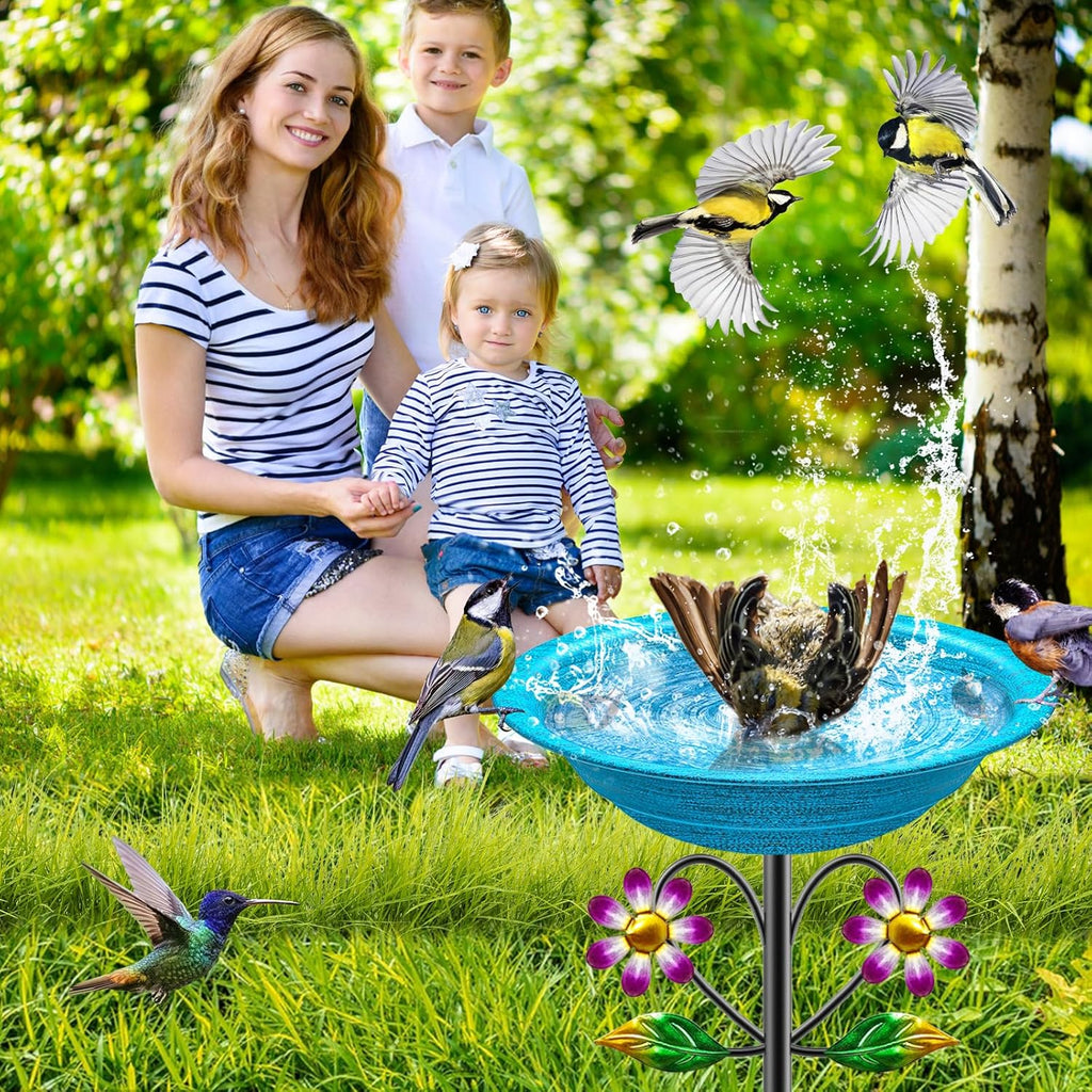 Metal Bird Bath for Outside Garden Birdbath Bowl, Freestanding Bird Feeders for Outdoors with 5 Prongs Base Stake, Standing Birdfeeders Bath Bowl for Yard Decor (Retro Blue)