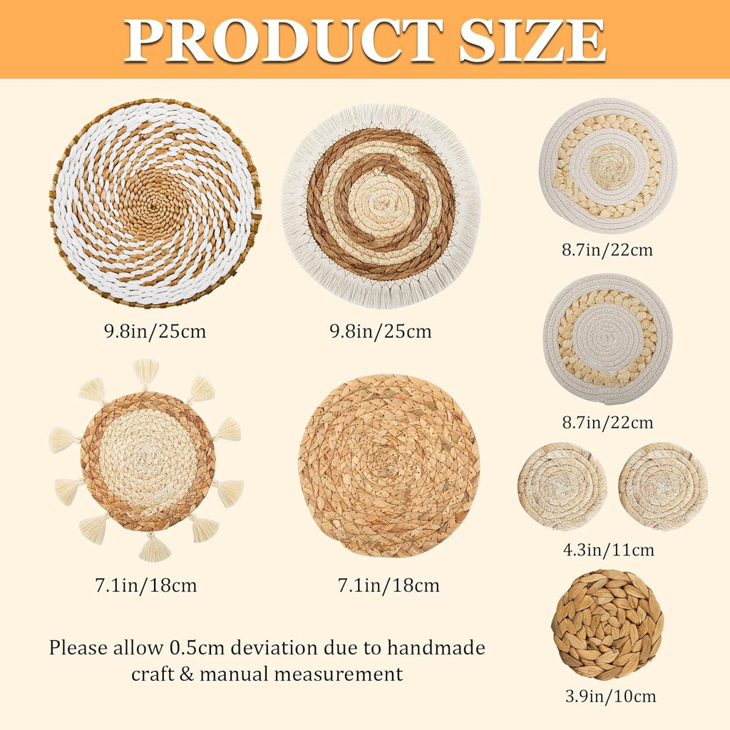 Boho Wall Basket Decor Set of 9, Woven Hanging Wall Decor Seagrass Rattan Wicker Round Handmade Rustic Flat Elegant Wall Art for Farmhouse Living Rooms Bedrooms Display Table Settings Kitchen Home