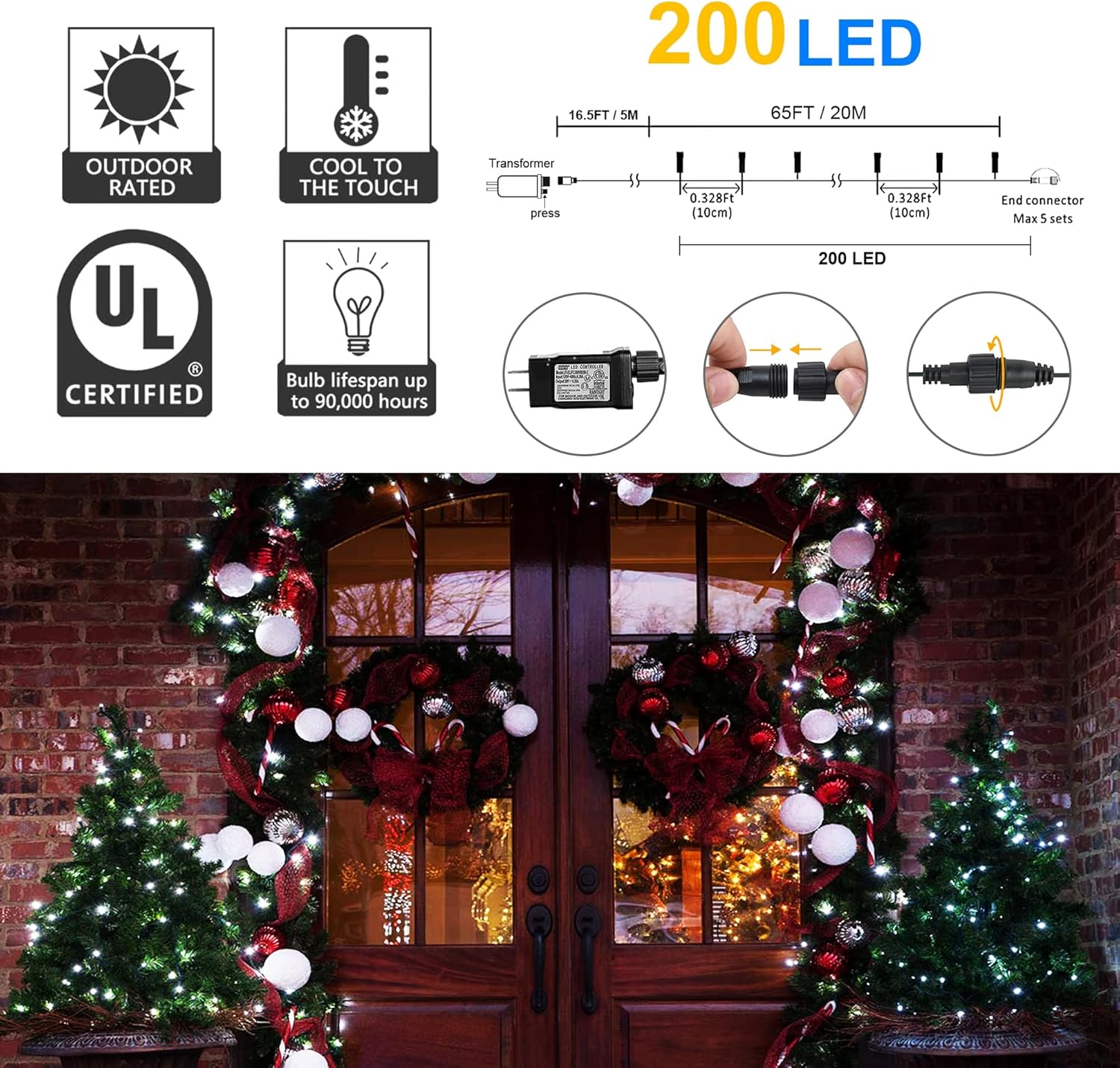 weillsnow White Christmas Fairy Lights Plug in, 200 LED 66FT Waterproof Christmas String Lights, 8 Modes with Memory for Outdoor Indoor Wedding Garden Christmas Decorations (66FT, White)