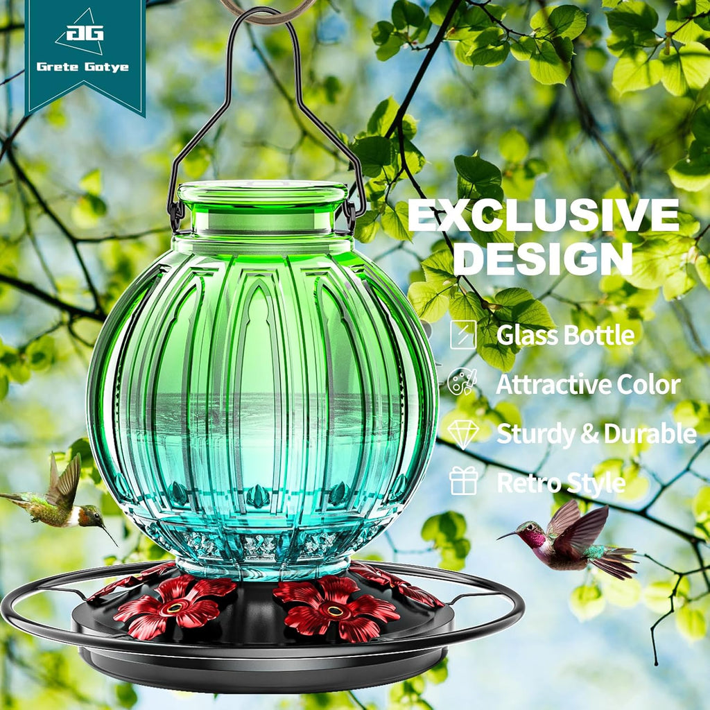 Glass Hummingbird Feeder for Outdoors Hanging, Bird Nectar Feeder with Perch & 5 Flower Feeding Ports, 26 Oz Leak Proof for Outside Garden Decor Backyard, Gifts for Women Mom, Green & Blue