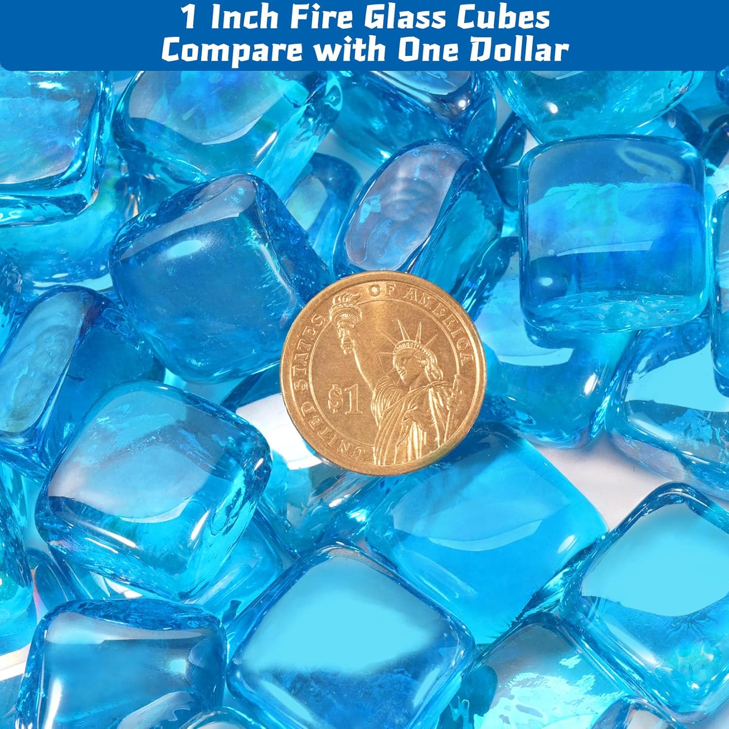 Fire Glass Cube, Firepit Rocks Square for Indoor or Outdoor, Gas or Propane Fire Pit or Fireplace, Heat Resistant, No Poping or Breaking, Tempered Glass Bead, Caribbean Blue, 10lb