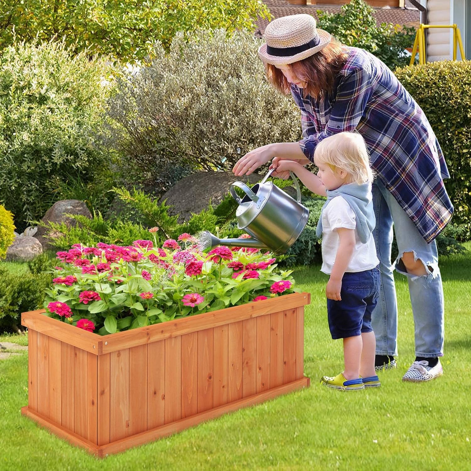 LDAILY Raised Garden Bed, Outdoor Rectangle Flower Beds with 4 Detachable Bottom Panels & Drainage Holes, Wood Planter Box for Flowers/Vegetables/Herbs in Backyard Patio
