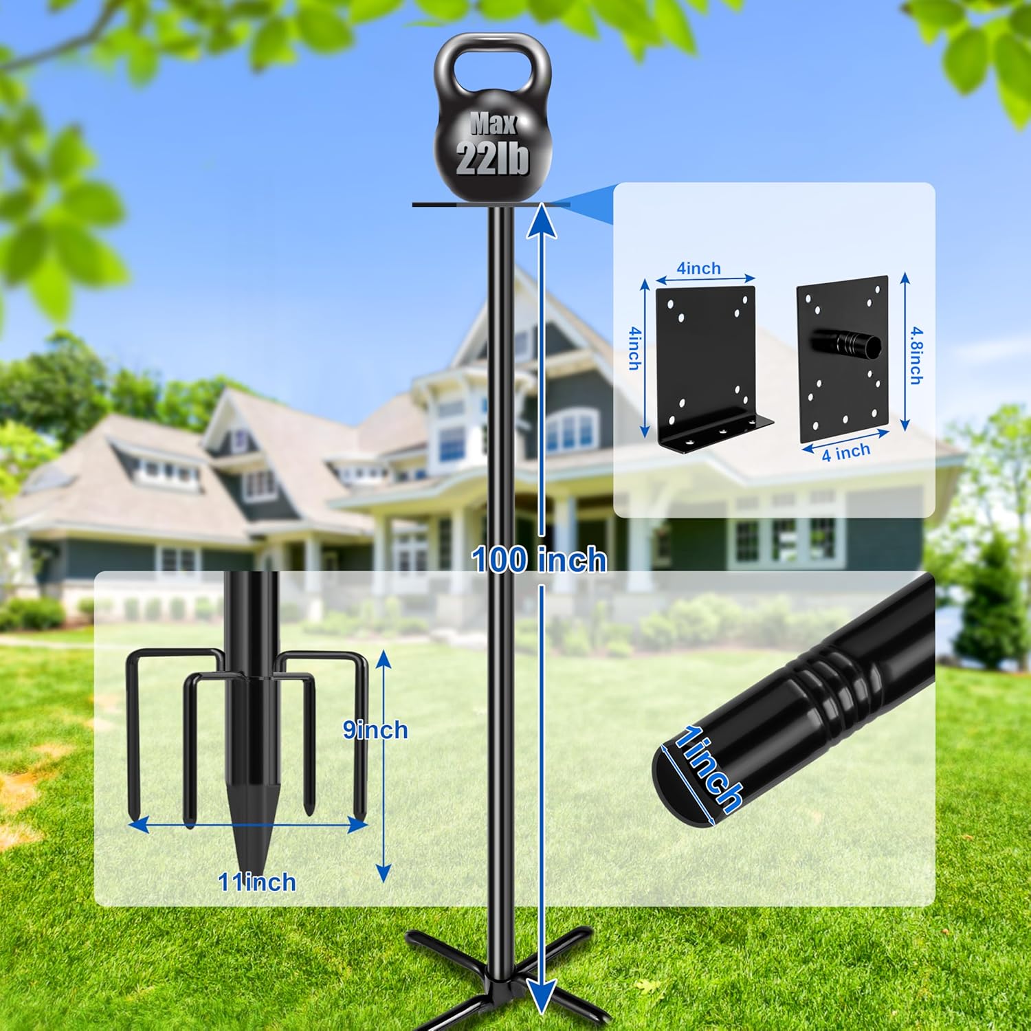 Ottsuls Bird Feeder Pole, 109 Inch Heavy Duty Bird House Pole Kit for Outdoors, with 5-Prong Base Feeding Station for Wild Birds Watching, Adjustable Feeder Stand (House Not Included)