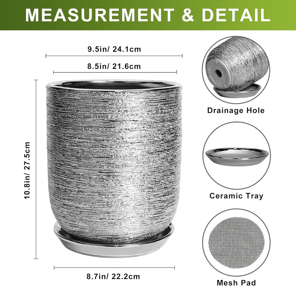 10 Inch Plant Pot - Ceramic Planter for Indoor Outdoor Flowers, Cylinder Modern Flower Pot with Drainage Hole and Saucer, Gifts for Plants Lovers, Home Garden Office House Decor, Silver