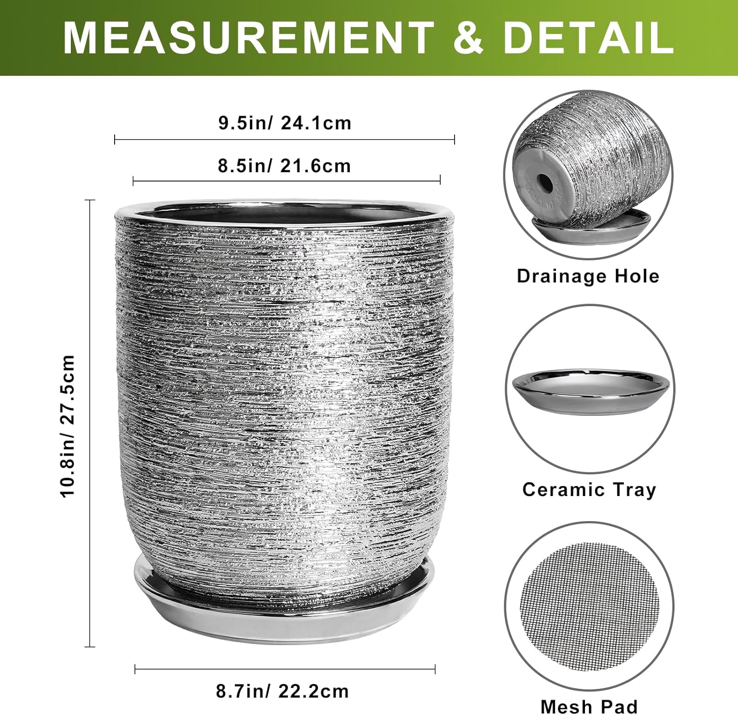 10 Inch Plant Pot - Ceramic Planter for Indoor Outdoor Flowers, Cylinder Modern Flower Pot with Drainage Hole and Saucer, Gifts for Plants Lovers, Home Garden Office House Decor, Silver