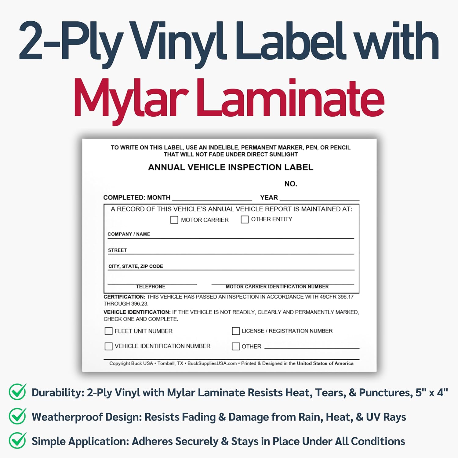 100 Pack 3-Ply Carbonless Annual Vehicle Inspection Report Forms with FMCSA 2-Ply Mylar Laminate Adhesive Vinyl Labels, DOT Inspection Forms and Stickers, Shrink-Wrapped, 8.5" x 11.75" - Made in USA