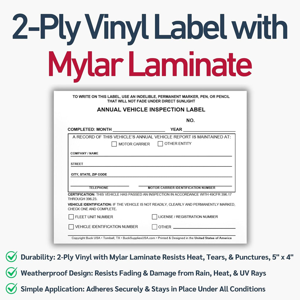 10 Pack 3-Ply Carbonless Annual Vehicle Inspection Report Forms with FMCSA 2-Ply Mylar Laminate Adhesive Vinyl Labels, DOT Inspection Forms and Stickers, Shrink-Wrapped, 8.5" x 11.75" - Made in USA