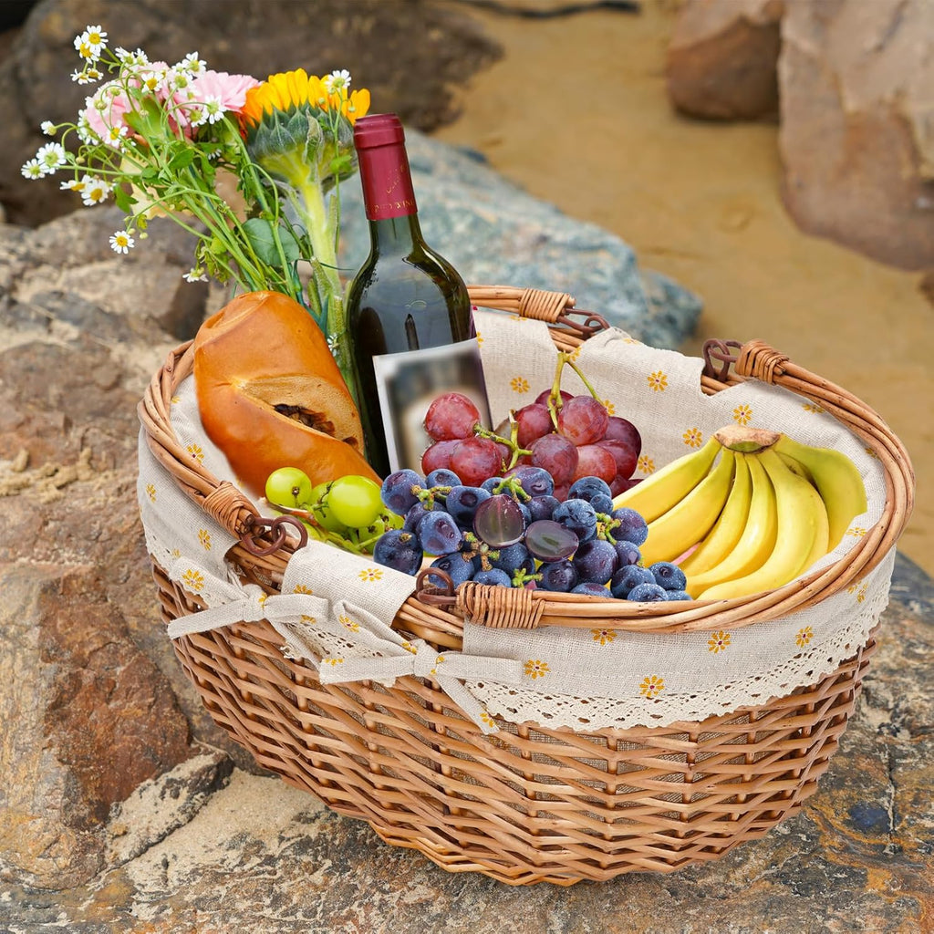 G GOOD GAIN Wicker Picnic Basket with Double Folding Handles,Willow Picnic Hamper,Natural Hand Woven Easter Basket,Easter Eggs and Candy Basket,Bath Toy and Kids Toy Storage,Gift Packing Basket.Yellow