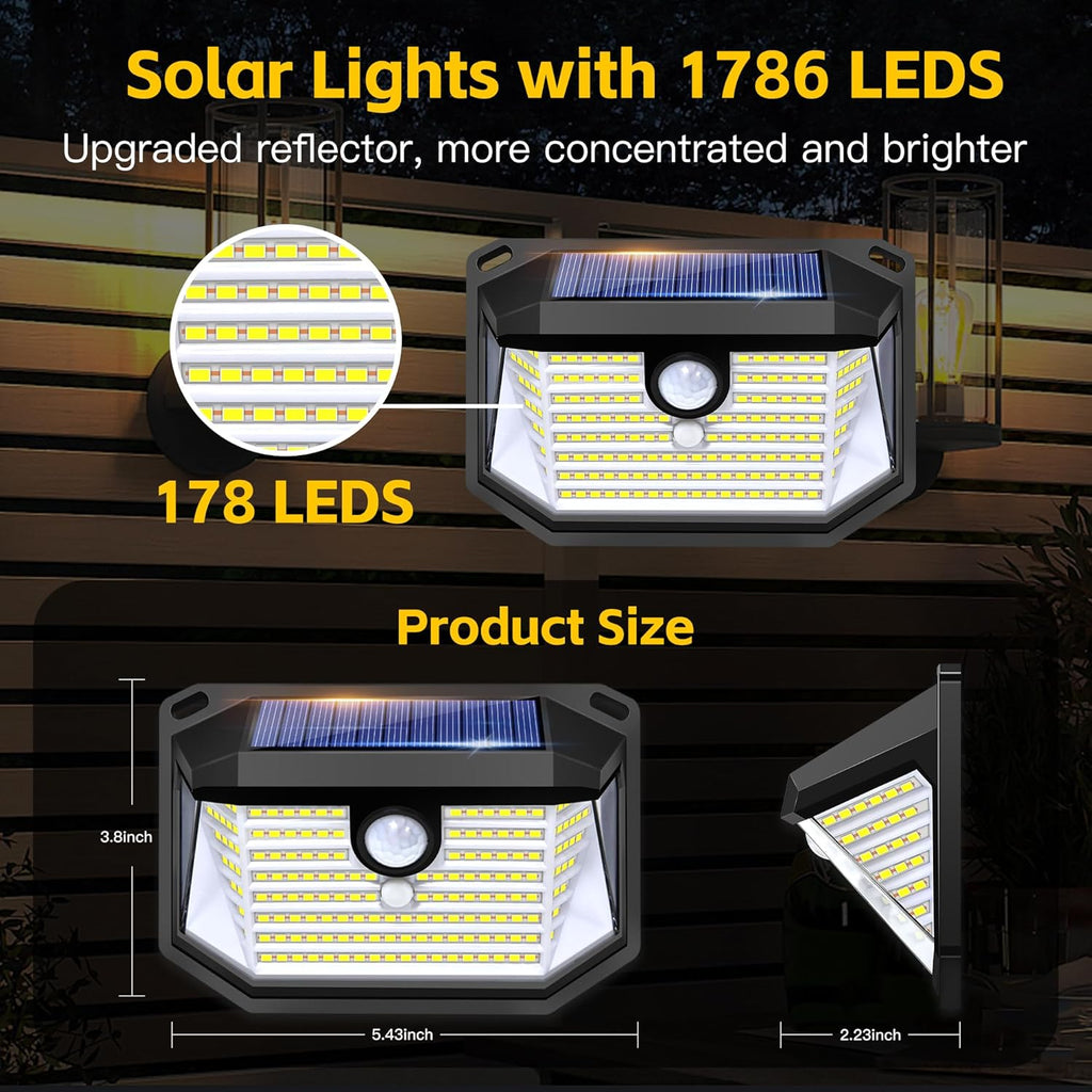 Solar Lights Outdoor Motion Sensor, 178 LED 300LM Waterproof IP65, Wall Mounted Security Light with 3 Modes, 270° Wide AngleWide Angle, Solar Powered for Garden, Yard, Patio, Front Door(4Pack)