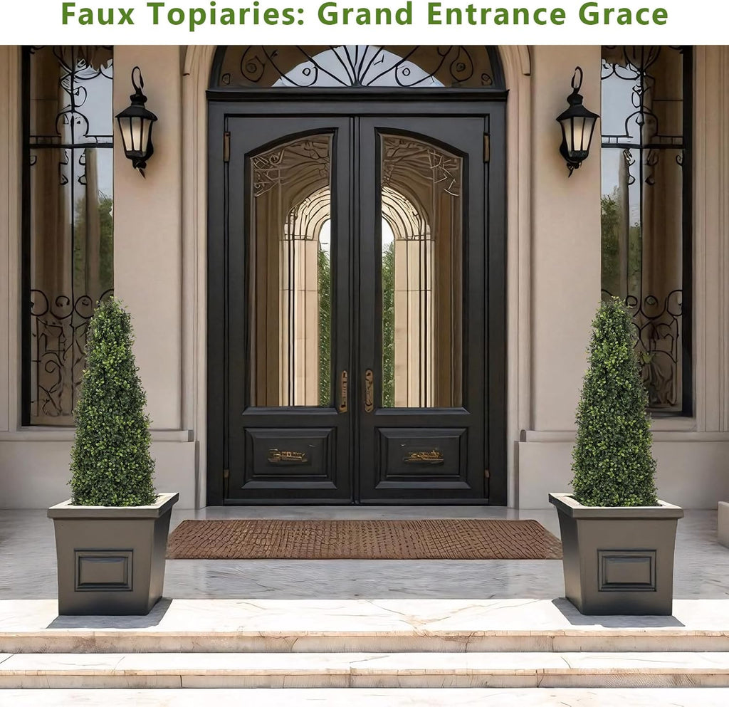 4ft Artificial Boxwood Topiary Trees (Set of 2) - UV Resistant Faux Plants Outdoor, Realistic 48in Fake Potted Bushes and Shrubs for Front Porch, Planter, Patio - Low Maintenance & Evergreen