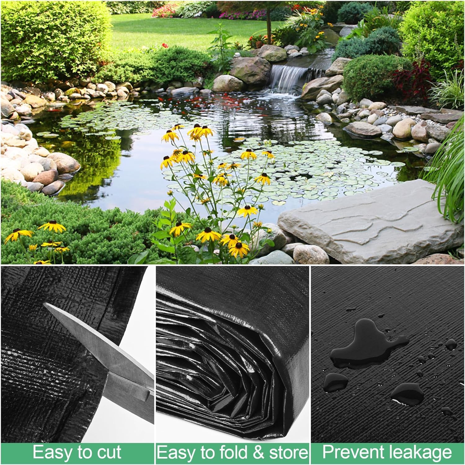 MYFAMIREA 15 x 20FT Pond Liner, 28Mil PE Preformed Pond Liner with 14 Hemmed Edge Buttonholes Sun Resistant Easy Cutting for Outdoor Ponds, Fish Koi Ponds, Garden Fountain, Waterfall Ponds