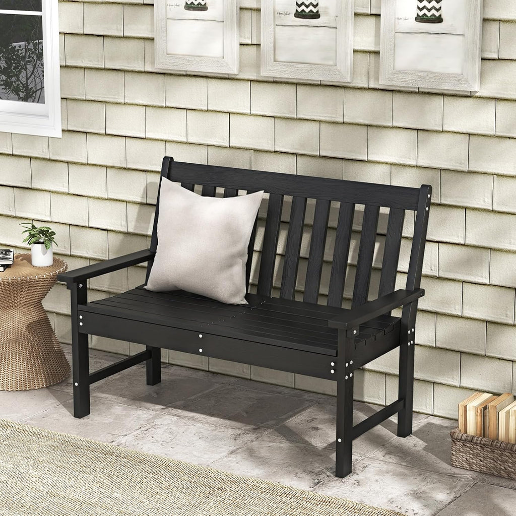Giantex Outdoor Bench, 52-Inch Outside Bench All-Weather HDPE Park Bench with Backrest and Armrests, 705 lbs Weight Capacity, 2-Person Slatted Patio Bench for Porch, Yard, Lawn, Garden Bench (Black)