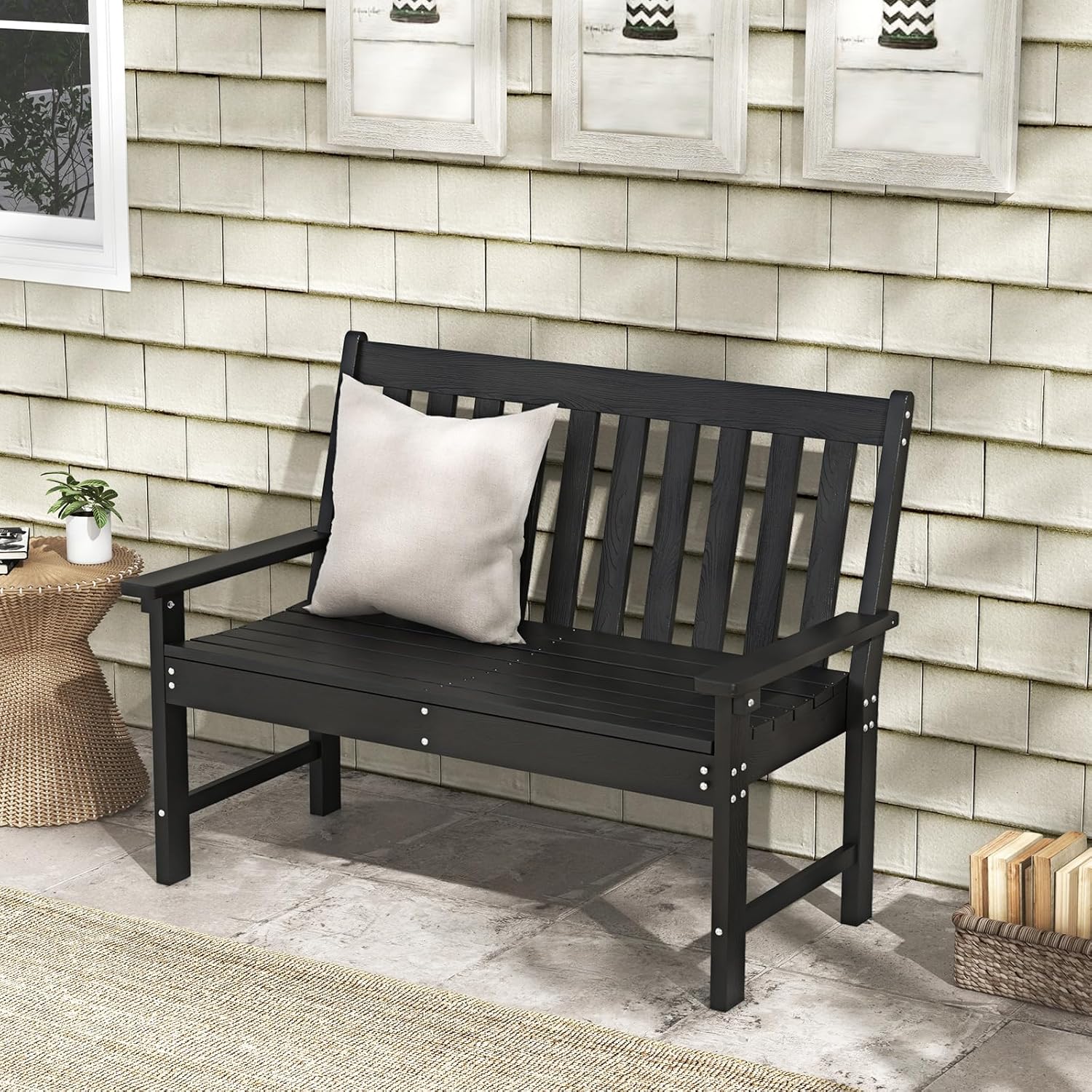 Giantex Outdoor Bench, 52-Inch Outside Bench All-Weather HDPE Park Bench with Backrest and Armrests, 705 lbs Weight Capacity, 2-Person Slatted Patio Bench for Porch, Yard, Lawn, Garden Bench (Black)