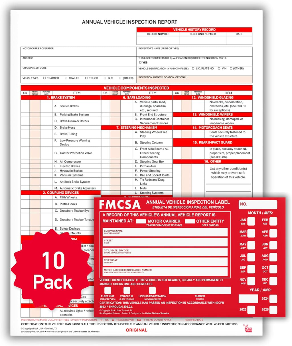 10 Pack 3-Ply Carbonless Annual Vehicle Inspection Report Forms with FMCSA Red Aluminum Adhesive Labels, DOT Inspection Forms and Stickers, Shrink-Wrapped, 8.5" x 11.75" - Made in USA