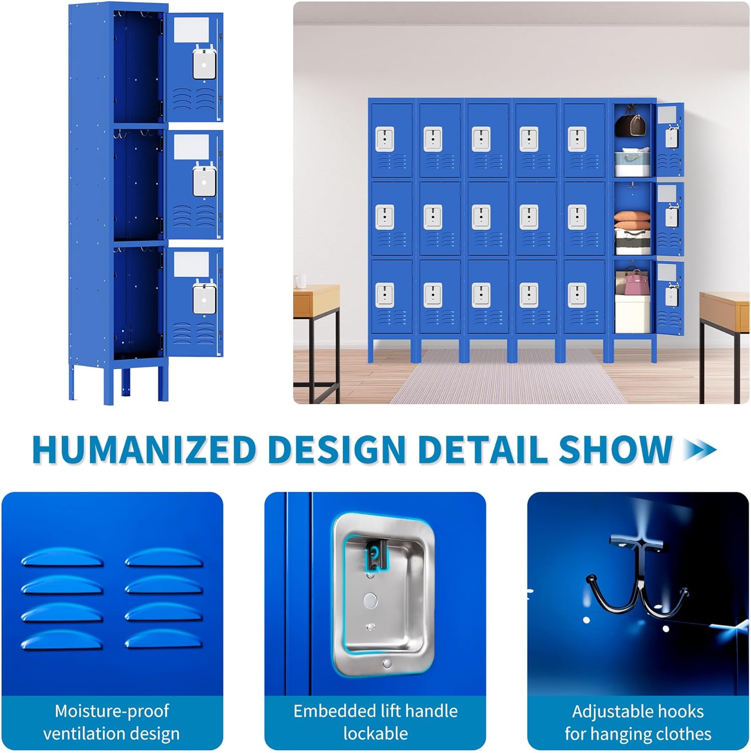 Metal Locker for Employees 66" H Tall Storage Lockers with Lock and Mirror Gym Locker Cabinet with 3 Doors Steel Wardrobe for Office Home School Staff Assembly Required
