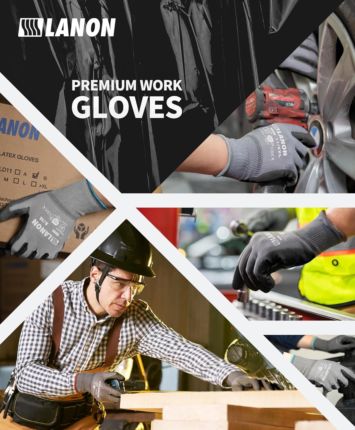 LANON 18 Pairs Safety Work Gloves, Mechanic Working Gloves for Men,Breathable PU Coated, Seamless Knit,Double Wash, Grey, X-Large