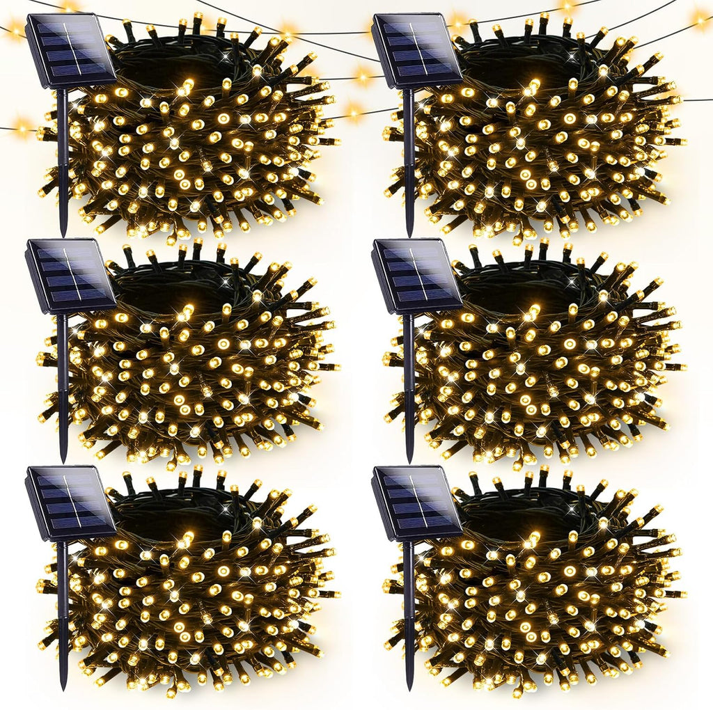 6 Pack Solar Christmas Lights Outdoor Waterproof, 600 LED 198 FT Solar Powered String Lights Outdoor with Green Wire 8 Lighting Modes, Mini LED Xmas Tree Light for Fence Party Decorations, Warm White